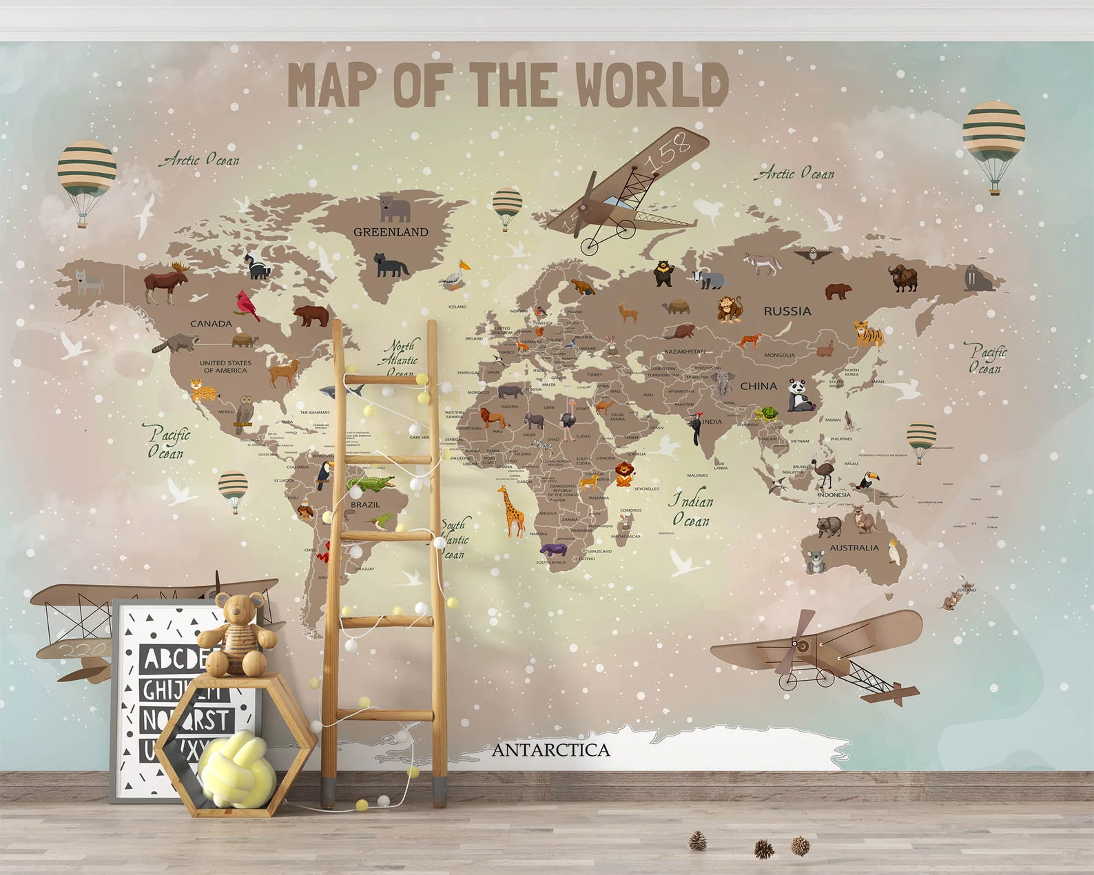 Papel tapiz adhesivo Mapa del Mundo Animales Infantil