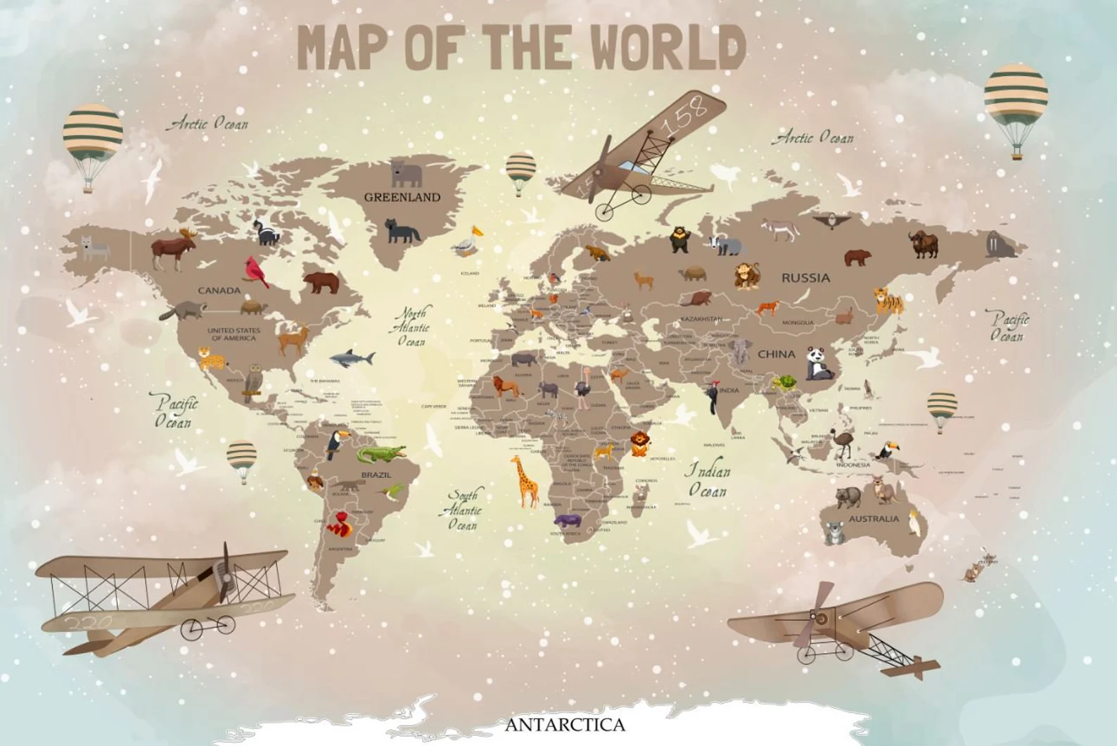 Papel tapiz adhesivo Mapa del Mundo Animales Infantil