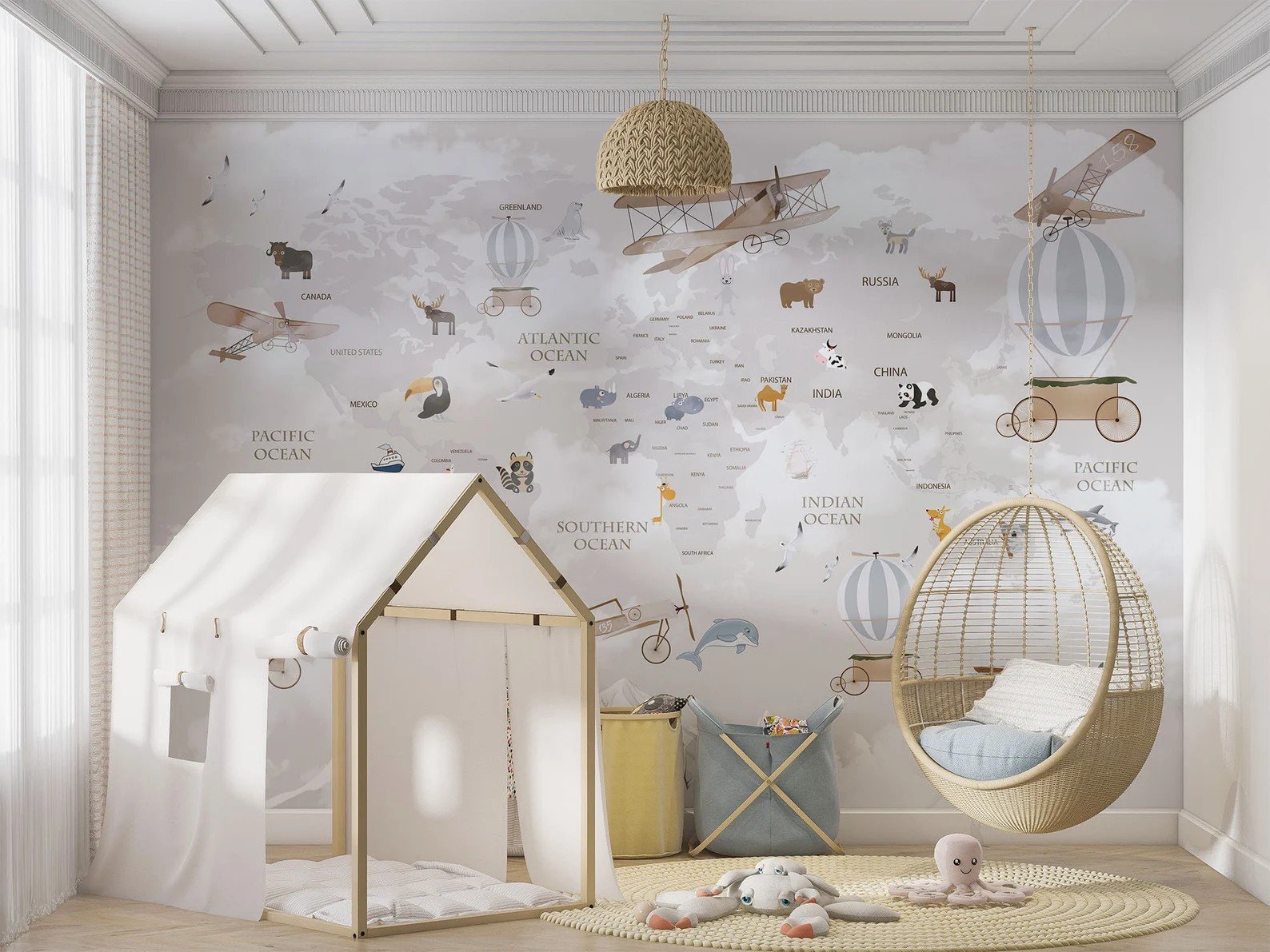Papel tapiz adhesivo  Mapas con Animales Infantiles
