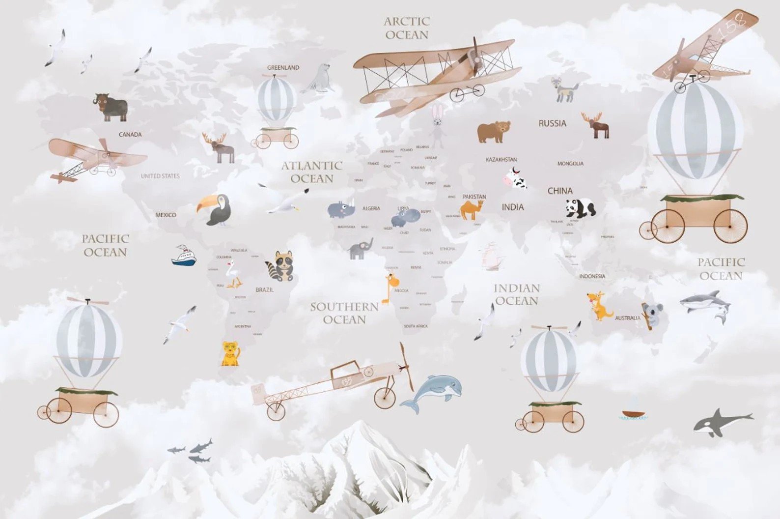 Papel tapiz adhesivo  Mapas con Animales Infantiles