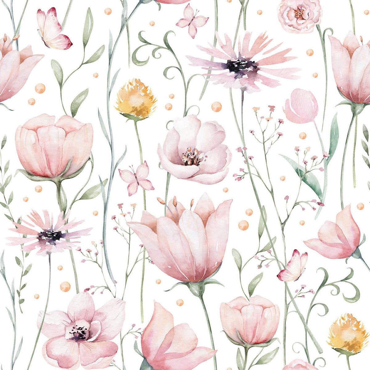 Papel tapiz adhesivo Infantil Flores y Mariposas Acuareladas
