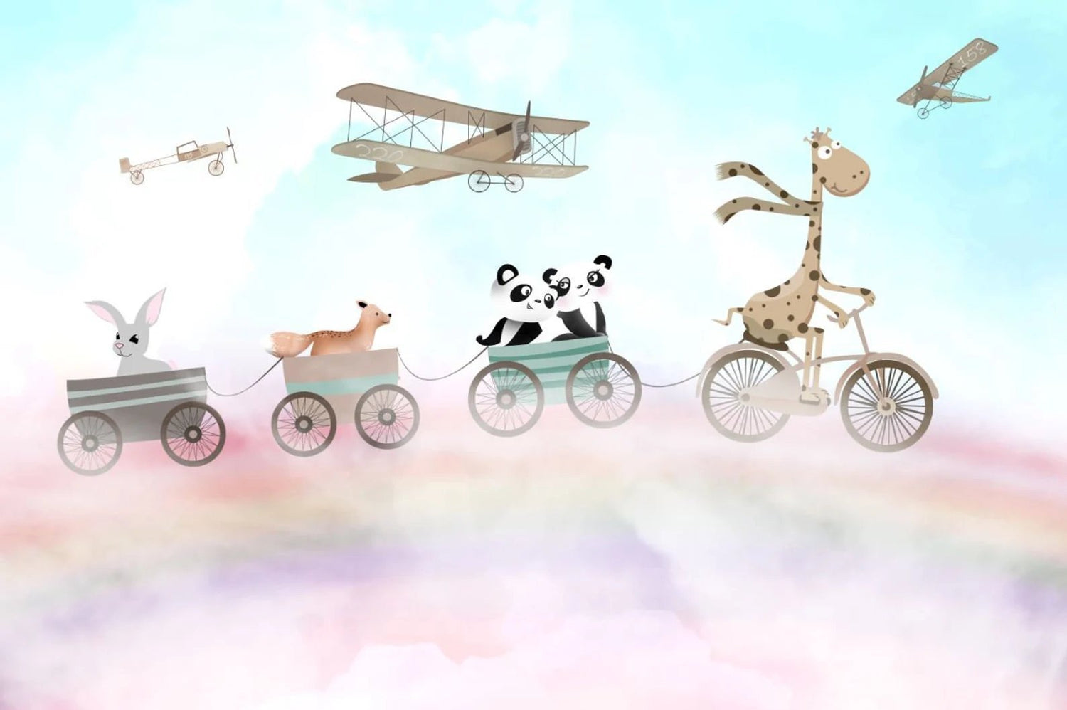 Papel tapiz adhesivo Infantil Arcoiris Cielo Animalitos