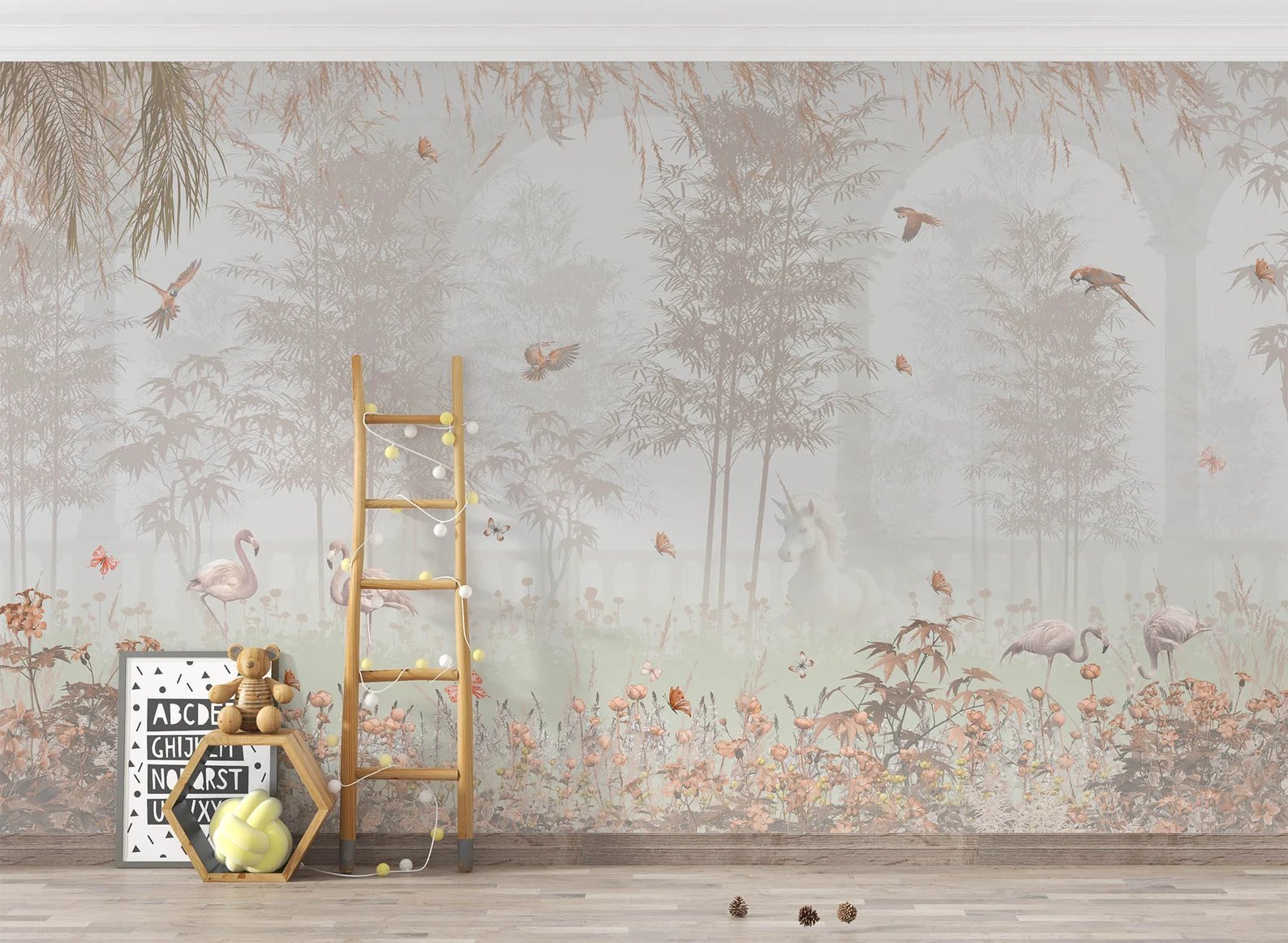 Papel tapiz adhesivo Infantil Unicornio y Bosque de Aves