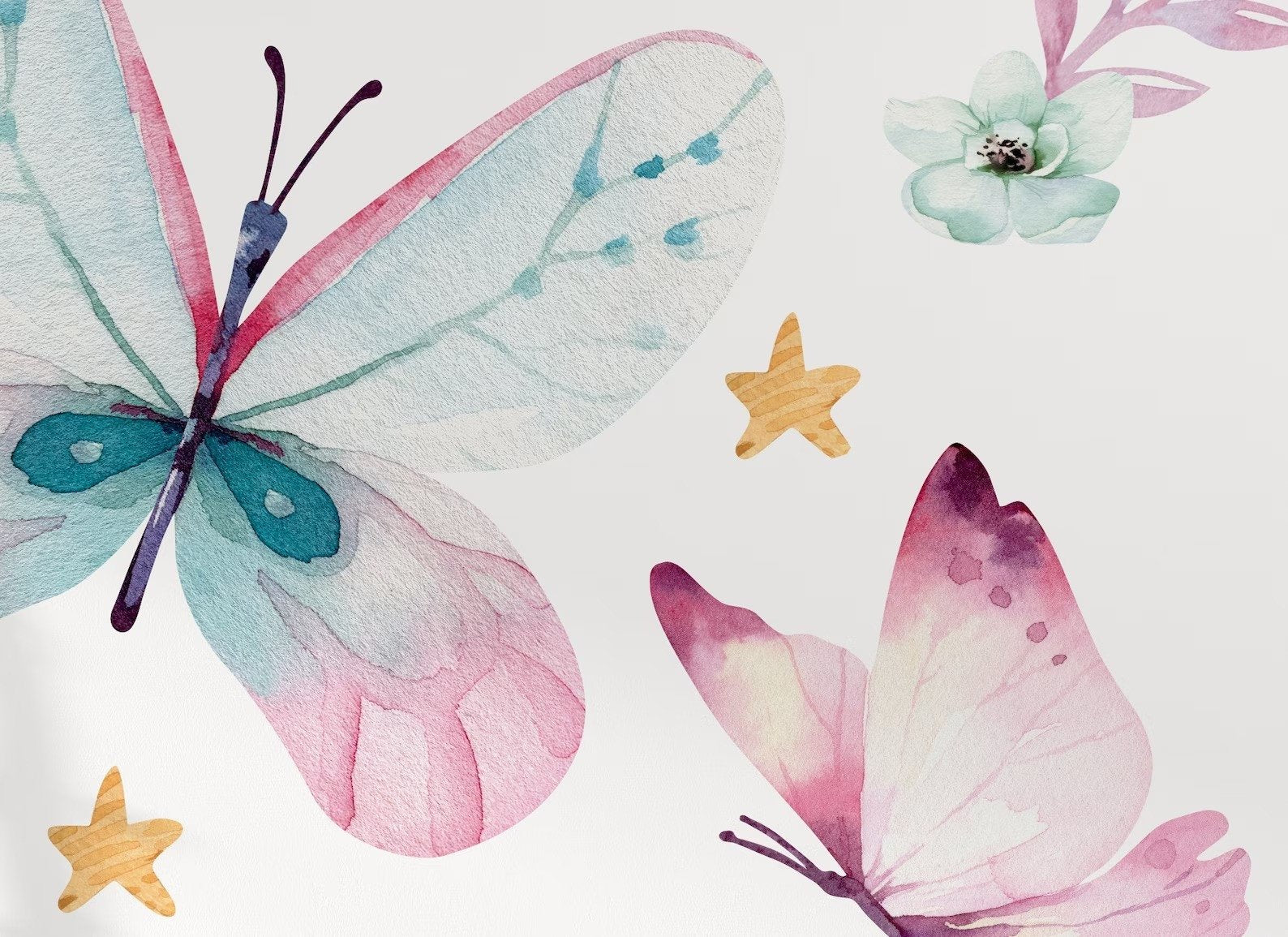 Papel Tapiz Acuarela: Mariposas, Flores y Estrellas