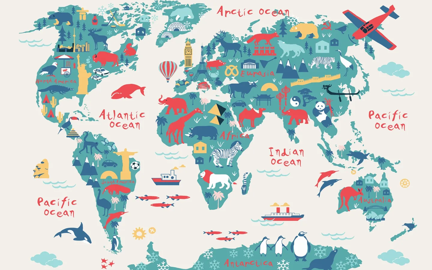 Papel Tapiz "Mapa Mundial Animales y Monumentos"