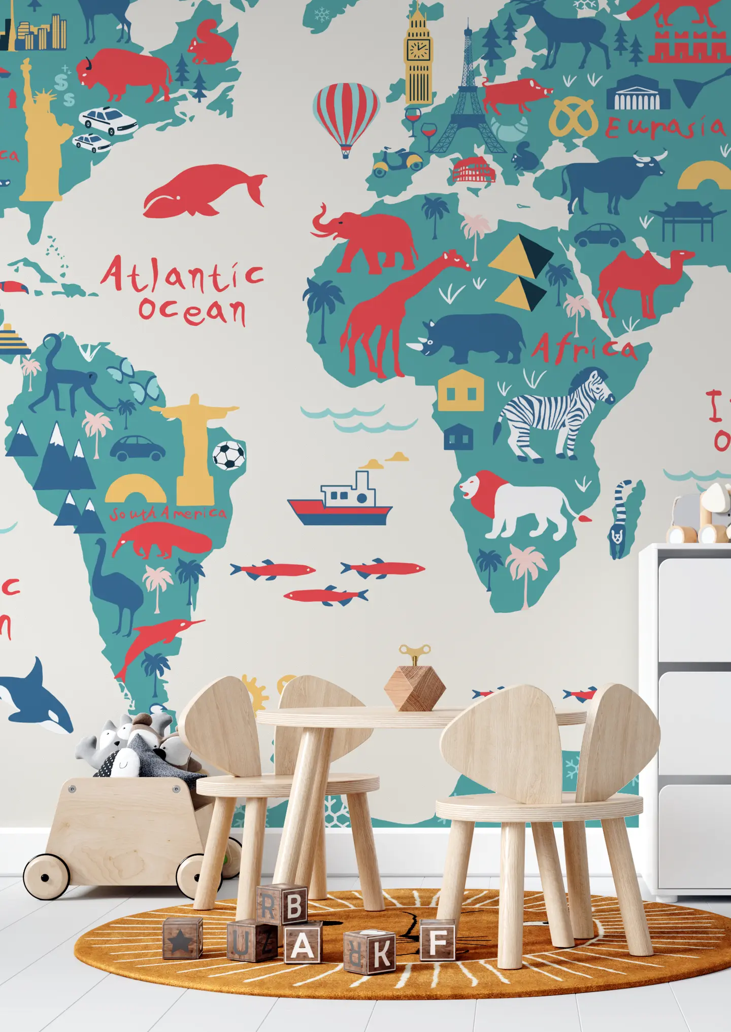 Papel Tapiz "Mapa Mundial Animales y Monumentos"
