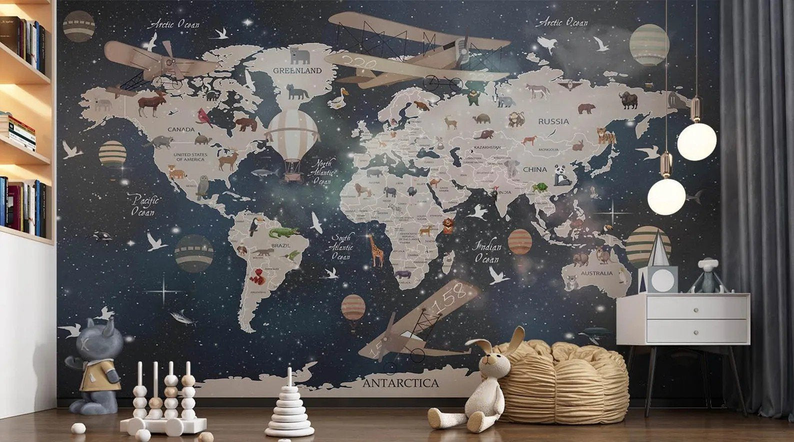 Papel tapiz adhesivo Mapamundi Espacio Planetas