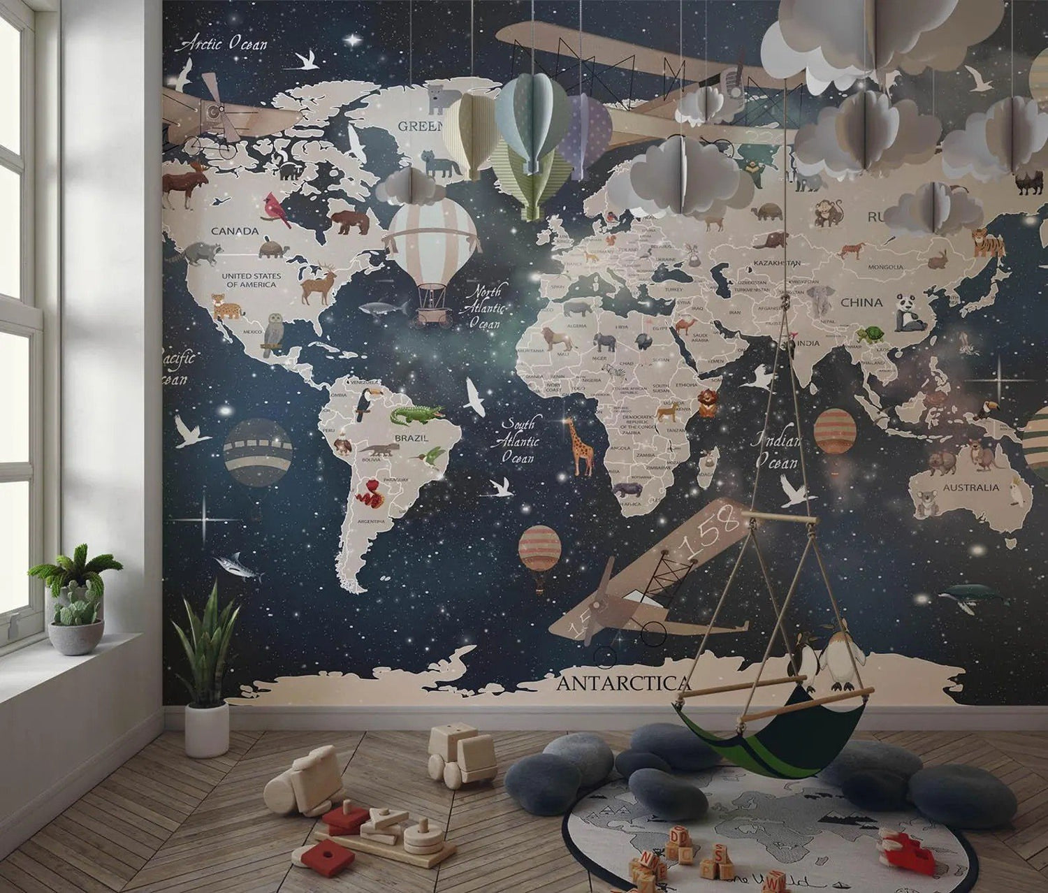 Papel tapiz adhesivo Mapamundi Espacio Planetas