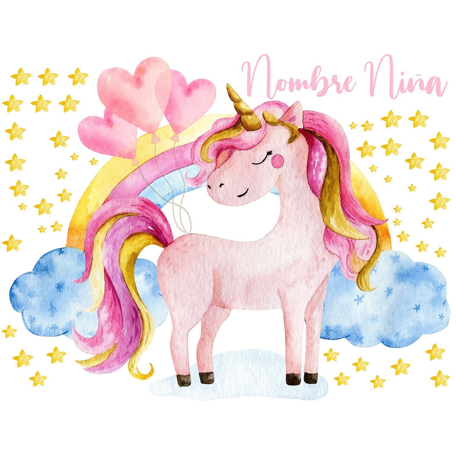 Vinilo Unicornio Estrellas Nubes y Arcoiris Globos