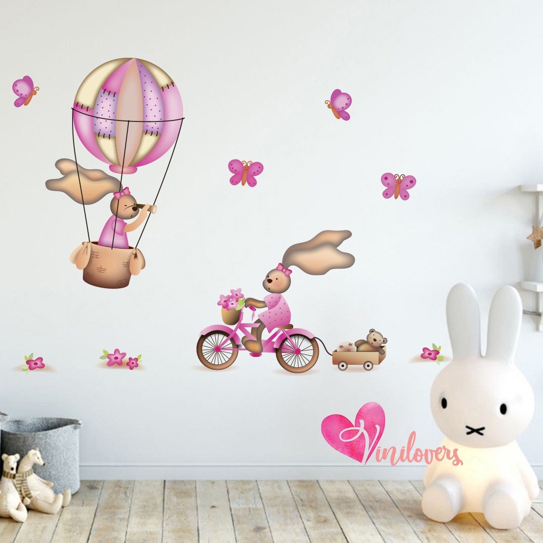 Vinilos decorativos infantiles bebes conejas globo mariposas flores 