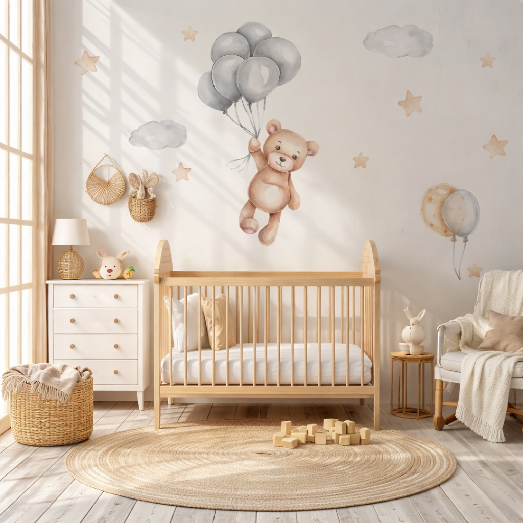 Vinilo Oso Globos y Estrellas Acuarela